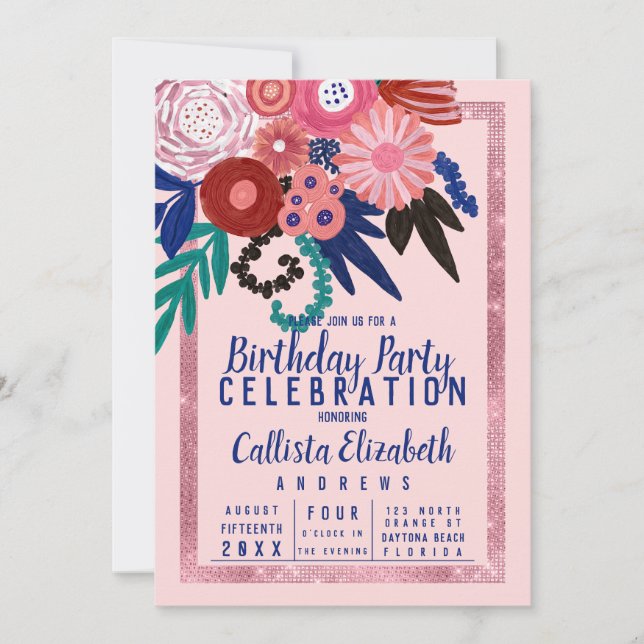 Invitation Artsy Parties scintillant rose bleu floral acryliq (Devant)