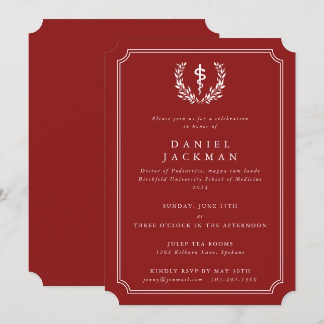 Invitation Asclepius rouge/blanc Diplôme Médicale de l'école (Devant / Derrière)