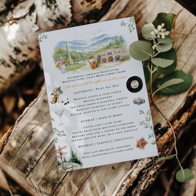 Invitation Asheville NC Bachelorette Weekend Itinerary (Créateur téléchargé)