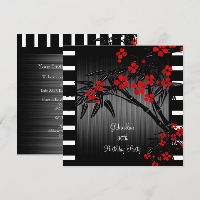 Invitation Asiatique Rouge Floral Noir Blanc Bambou 30e anniv (Devant / Derrière)