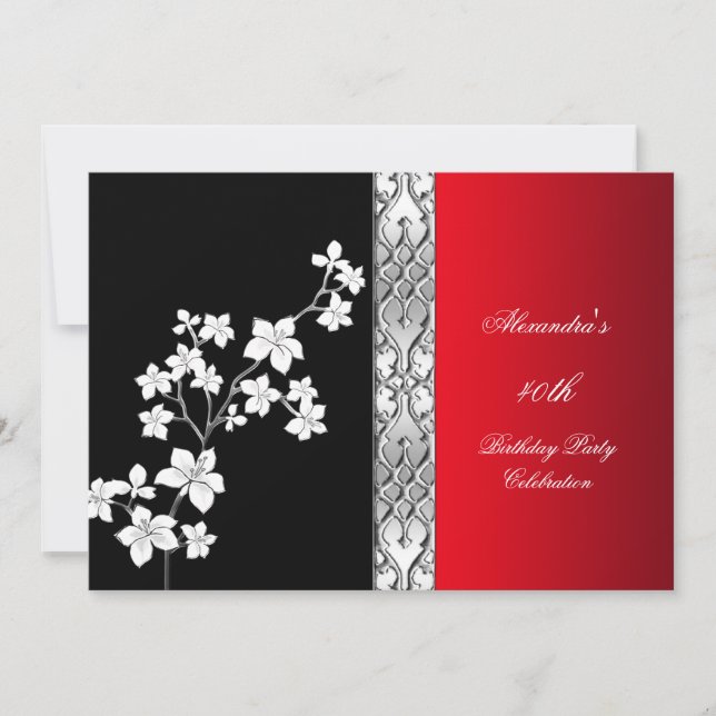 Invitation Asiatique Rouge Noir Floral Argent Blanc Anniversa (Devant)