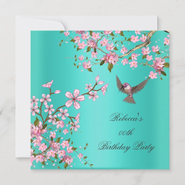 Invitation Asiatique Turquoise rose Fleur Anniversaire (Devant)