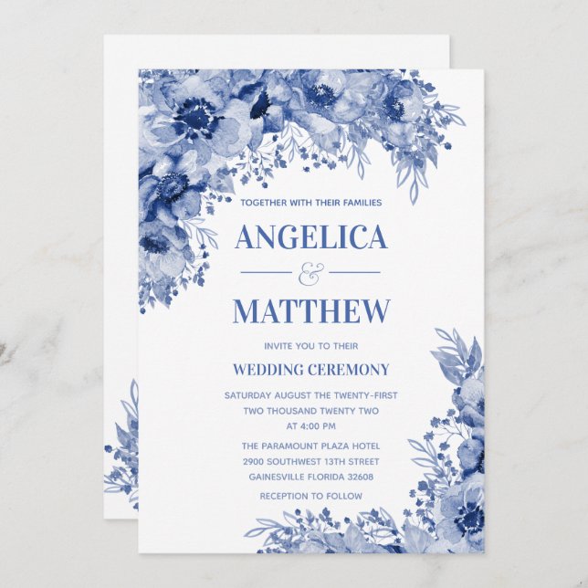 Invitation Assemblage dans le Mariage Indigo bleu (Devant / Derrière)