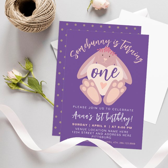 Invitation Assez 1 Anniversaire mignonne Bunny Purple Party (Créateur téléchargé)