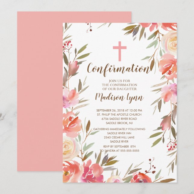 Invitation assez florale de confirmation de filles (Devant / Derrière)