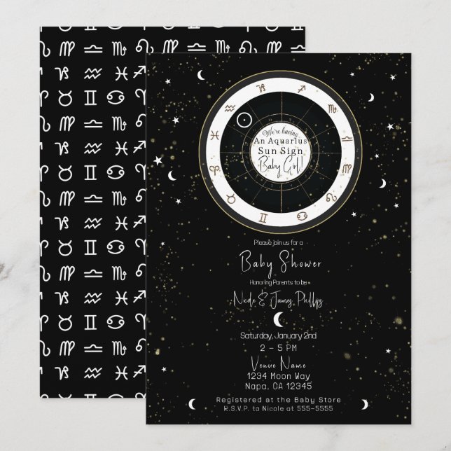 Invitation Astrologie personnalisée Baby shower d'horoscope d (Devant / Derrière)