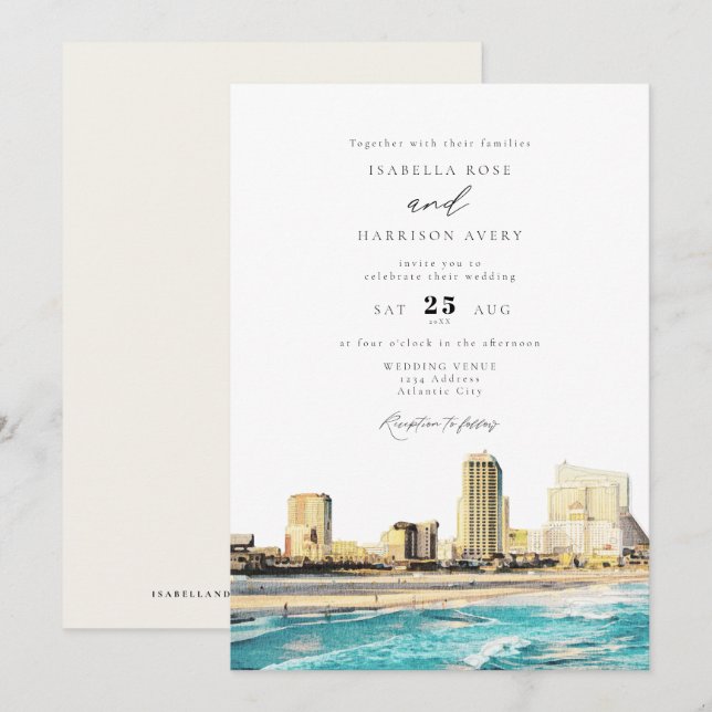 Invitation ATLANTIC CITY Watercolor Mariage Skyline (Devant / Derrière)