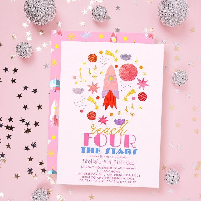 Invitation Atteindre QUATRE Étoiles Rose Space Girl Anniversa (Créateur téléchargé)