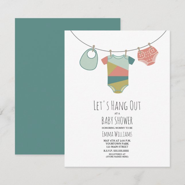 Invitation Attendons le Baby shower de vêtements pour bébés (Devant / Derrière)