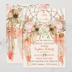 Invitation Attrape-rêve Boho Plumes Corail Pêche