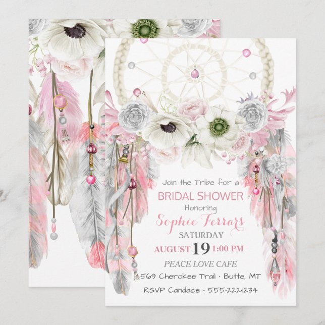 Invitation Attrape-rêve Boho Plumes Rose Gris Ivoire (Devant / Derrière)