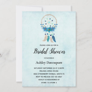 Invitation Attrape-rêves bleu avec fleurs et plumes de mariag