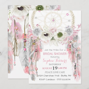 Invitation Attrape-Rêves Bohème Plumes Rose Gris Ivoire