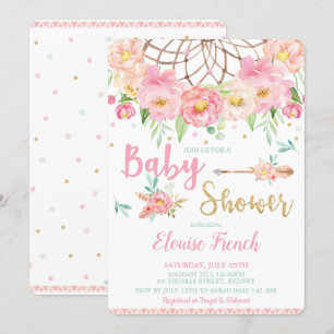 Invitation Attrape-rêves Fille Baby Shower Bohème Rose Floral