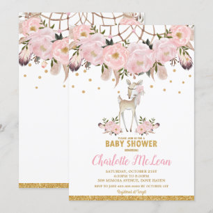 Invitation Attrape-rêves Floral Cerf Baby Shower Bohème Fille