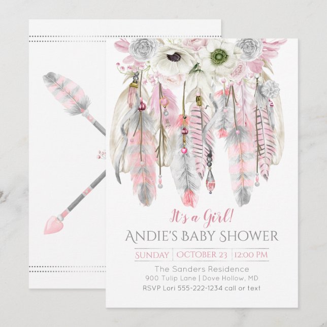 Invitation Attrape-rêves Gris Rose Plumes Florales Flèches (Devant / Derrière)