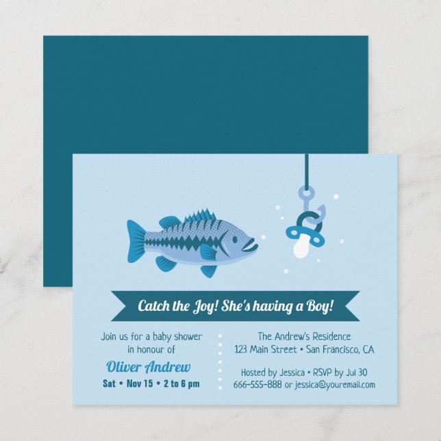 Invitation Attraper la Joy Sea Bass Pêche Baby shower à thème (Devant / Derrière)