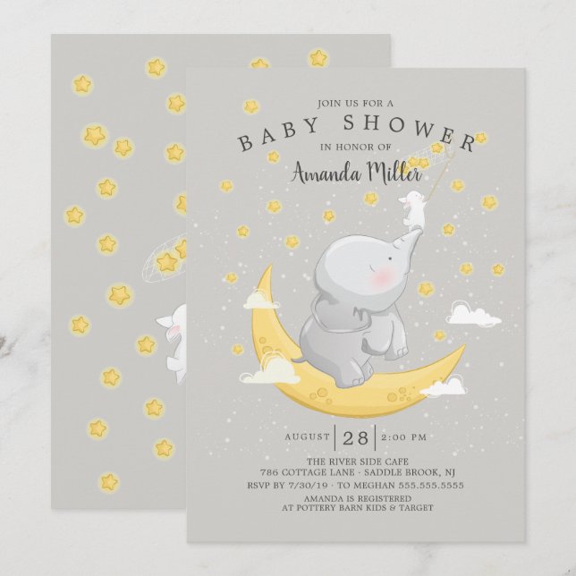 Invitation Attrapez Un Étoile Baby shower Eléphant Bunny Neut (Devant / Derrière)