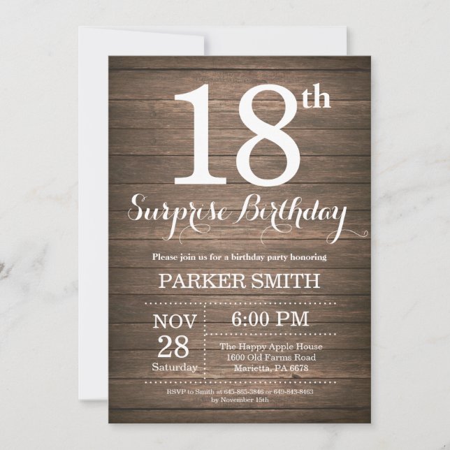 Invitation au 18e anniversaire de Rustic Surprise (Devant)