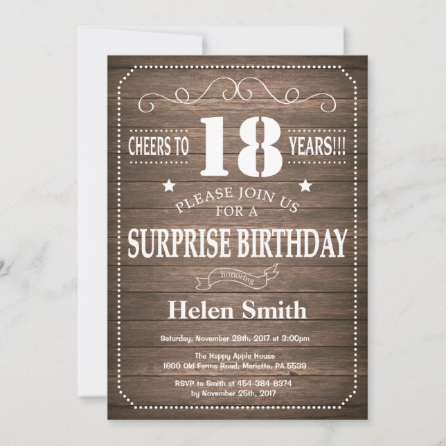 Invitation au 18e anniversaire de Rustic Surprise (Devant)