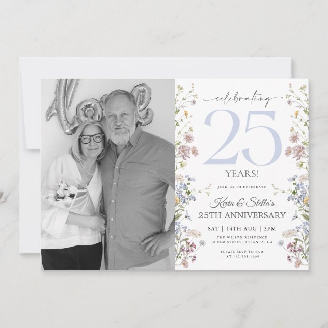 Invitation au 25e anniversaire avec photo de fleur (Devant)