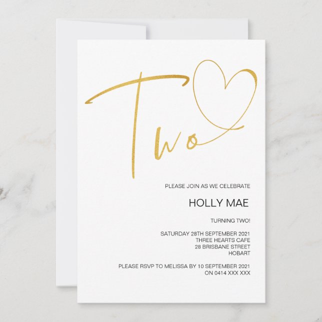 Invitation au 2e anniversaire Deux Coeurs Gold (Devant)