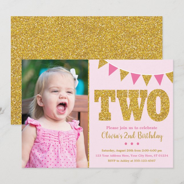 Invitation au 2e anniversaire Pink and Gold avec p (Devant / Derrière)