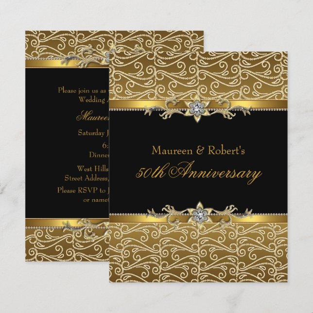 Invitation au 50e anniversaire Gold Black Diamond (Devant / Derrière)