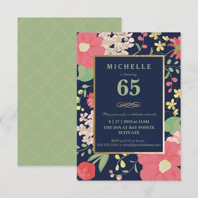 Invitation au 65e anniversaire - Gold, florale élé (Devant / Derrière)