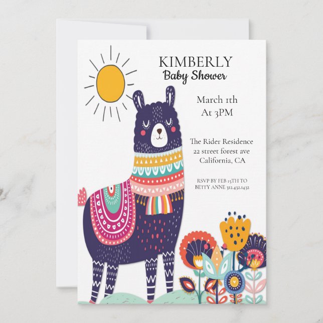 Invitation au Baby shower à fleurs de Llama Spring (Devant)