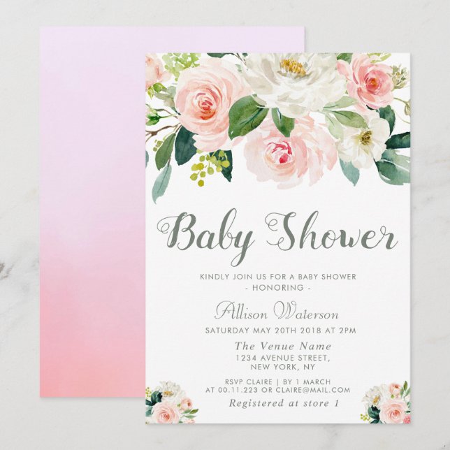 invitation au Baby shower à fleurs rose (Devant / Derrière)