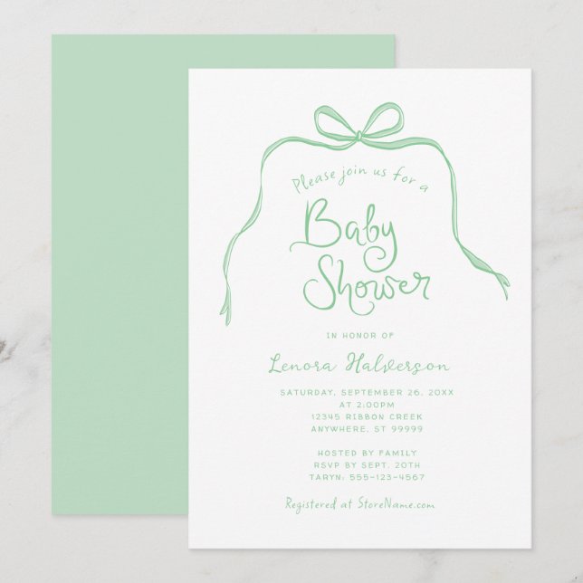 Invitation au Baby shower à mâchoires simples vert (Devant / Derrière)