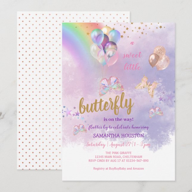 Invitation au Baby shower à papillon arc-en-ciel (Devant / Derrière)