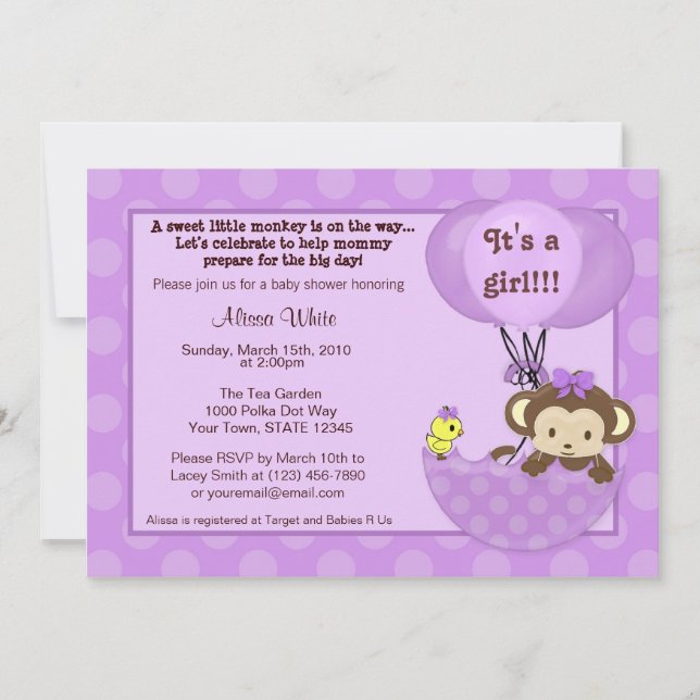 Invitation au Baby shower à parapluie de singes Bi (Devant)