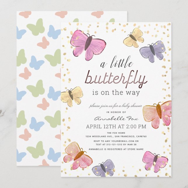 Invitation au Baby shower à petits papillons (Devant / Derrière)