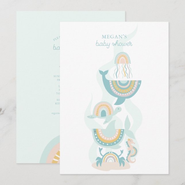 Invitation au Baby shower animal de la mer de Boho (Devant / Derrière)