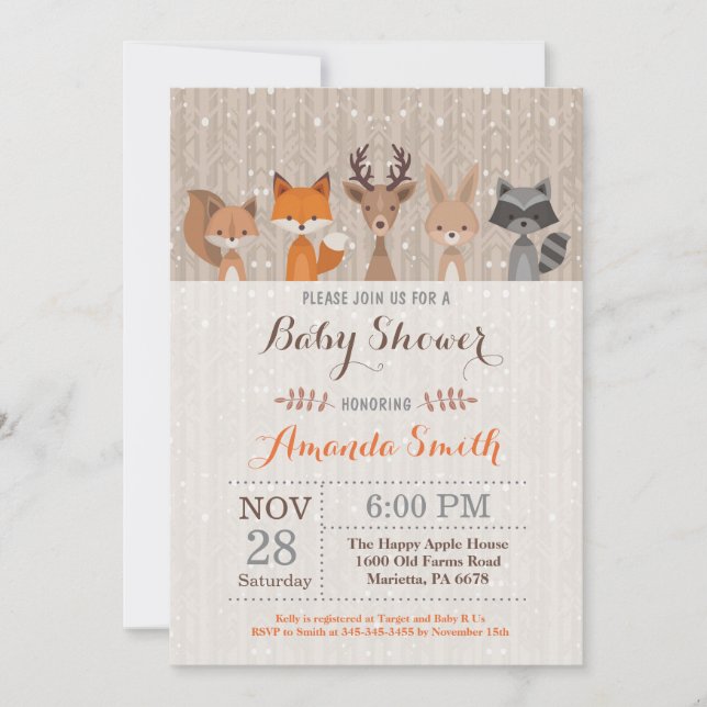 Invitation au Baby shower animal des bois d'hiver (Devant)