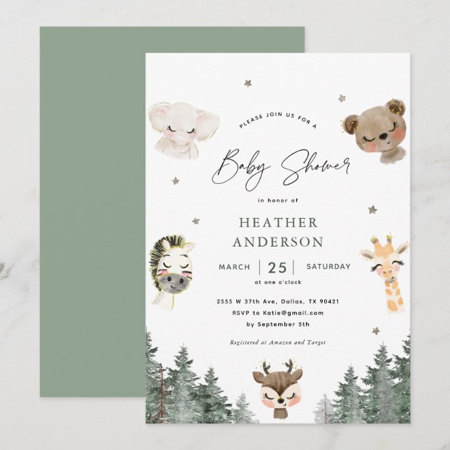 Invitation au Baby shower animal forestier (Devant / Derrière)