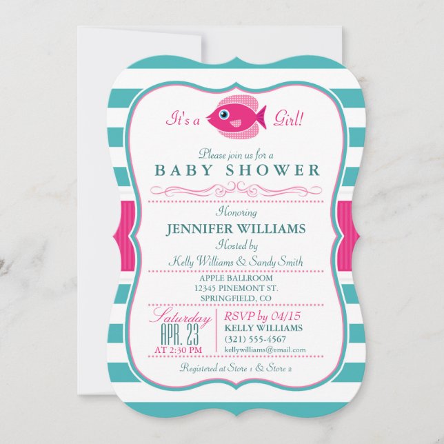 Invitation au Baby shower Aqua et Rose (Devant)