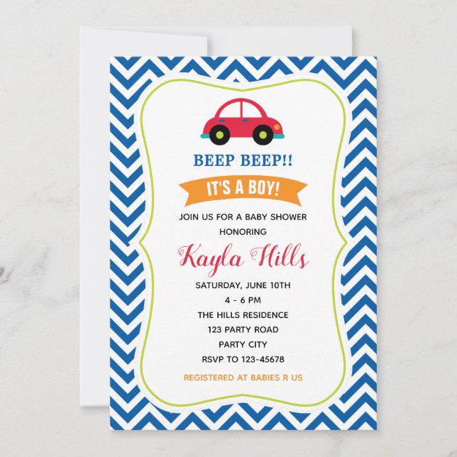 Invitation au Baby shower automobile (Blue Red Gre (Devant)