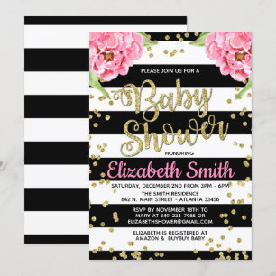 Invitation au Baby shower Black & White Peony