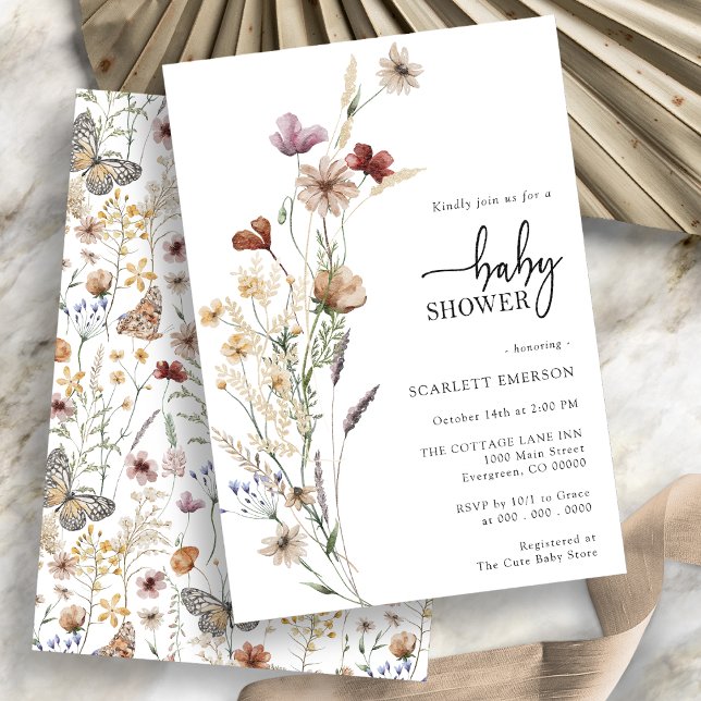 Invitation au Baby shower blanc floral (Boho Wildflower Floral Baby Shower Invitation on white background by painted Paperie
)