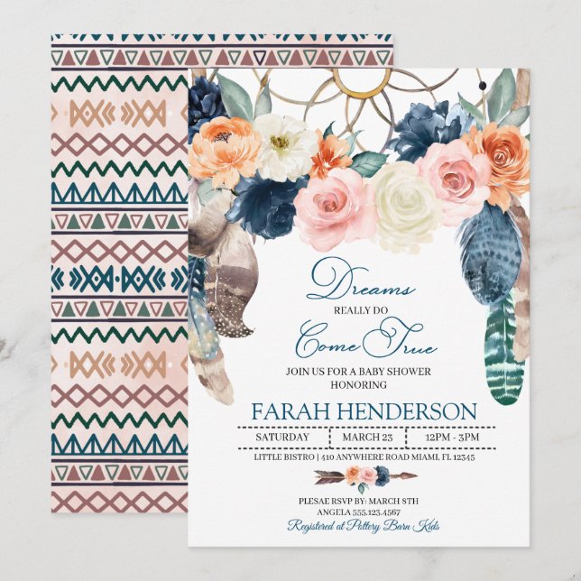 Invitation au Baby shower bleu Boho Dreamcatcher (Devant / Derrière)