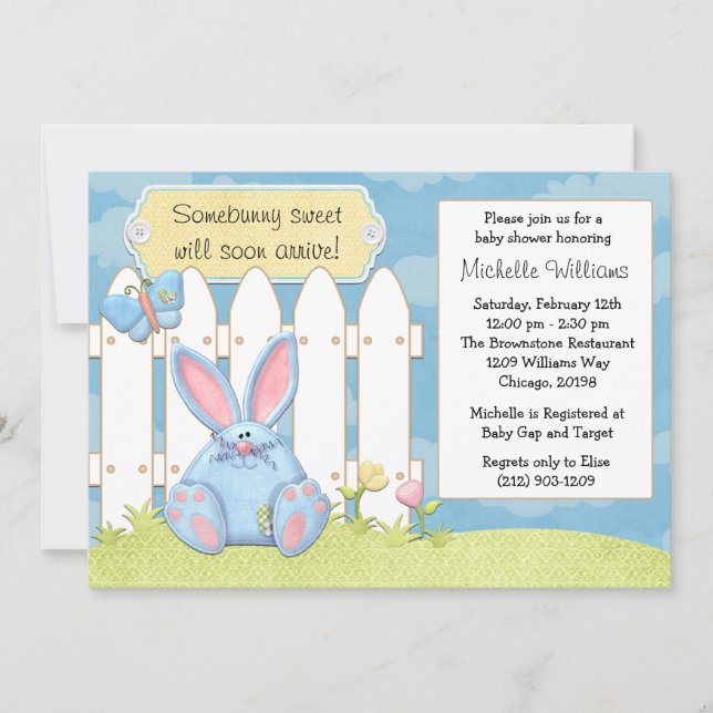 Invitation au Baby shower Bleu Bunny (Devant)