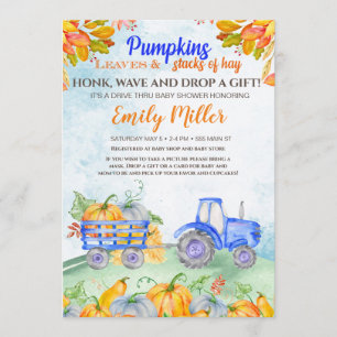 Invitation au baby shower bleu du tracteur citroui