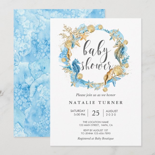 Invitation au Baby shower bleu et or de la mer (Devant / Derrière)