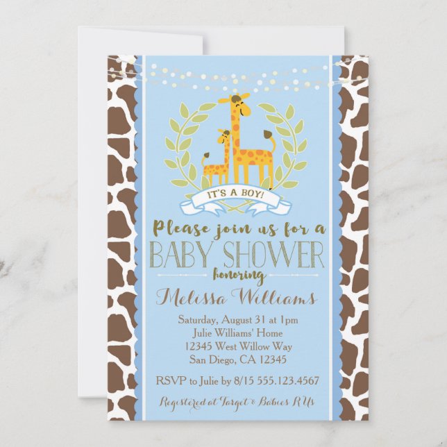 Invitation au Baby shower Bleu Giraffe Boy (Devant)