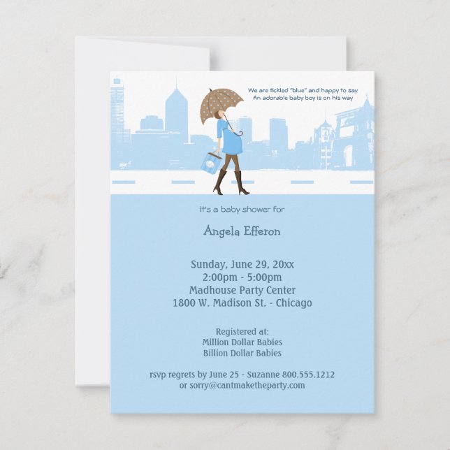 Invitation au Baby shower bleu urbain (Devant)