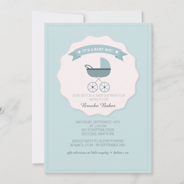 Invitation au Baby shower Blue Baby Carriage (Devant)