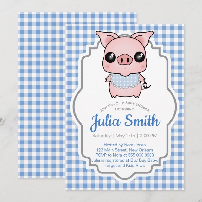 Invitation au Baby shower Blue En vichy Piggy (Devant / Derrière)